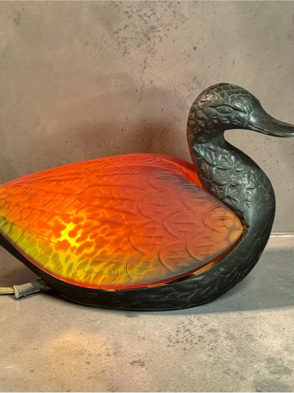 Vintage Lighted Amber Glass Duck Accent Lamp - Night Light with Metal Body
